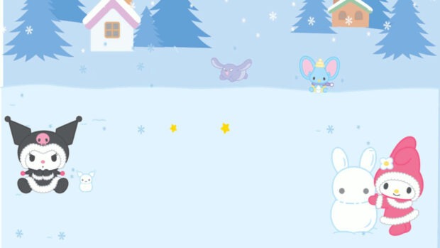 A minimalist Kuromi Christmas wallpaper featuring Kuromi and My Melody as snow bunnies in a serene, snowy landscape with distant houses and trees