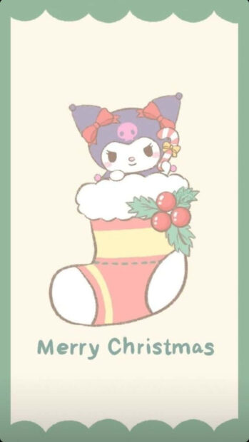 Kuromi Christmas Wallpaper featuring Kuromi popping out of a Christmas stocking with a candy cane on a light green background
