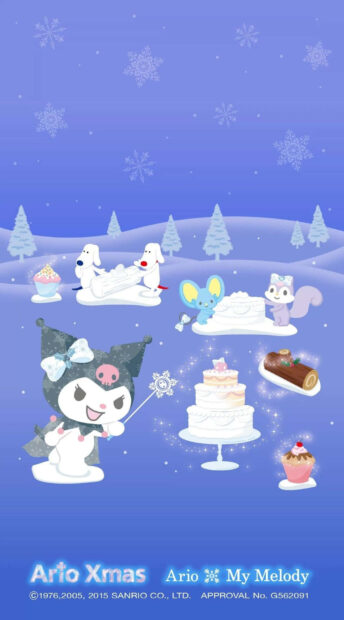 A delightful Kuromi Christmas wallpaper showing Kuromi in a snowy winter scene with festive cakes and other Sanrio friends