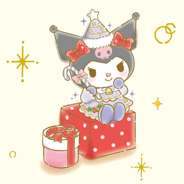 An adorable Kuromi character wearing a festive party hat and holding a candy cane, sitting on a red Christmas present box, ideal for a Kuromi Christmas Wallpaper