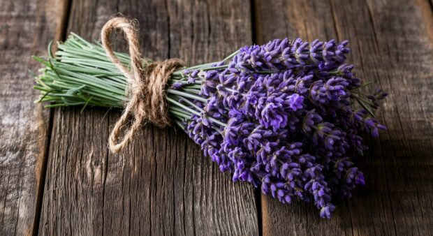 A rustic flower wallpaper featuring a bouquet of purple lavender tied with twine on a distressed wooden table