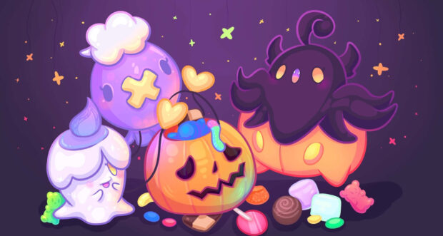 A cute Pokemon Halloween Wallpaper featuring Litwick, Drifloon, and a ghost-like Pokemon around a candy bucket filled with sweets on a dark purple background
