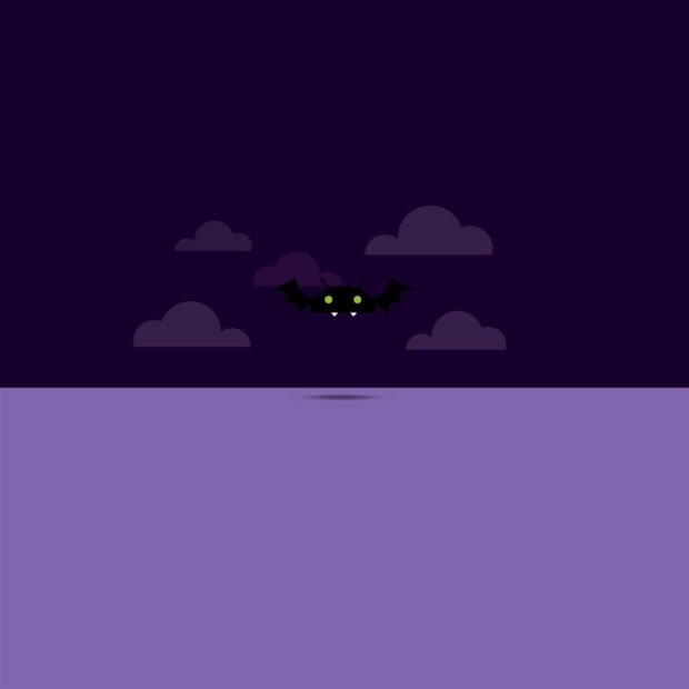 A minimalist halloween ipad wallpaper featuring a black bat with glowing green eyes flying under dark clouds