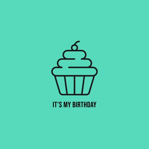 Its My Birthday Wallpaper showing a minimalist outline of a cupcake with a cherry on a clean aqua blue background