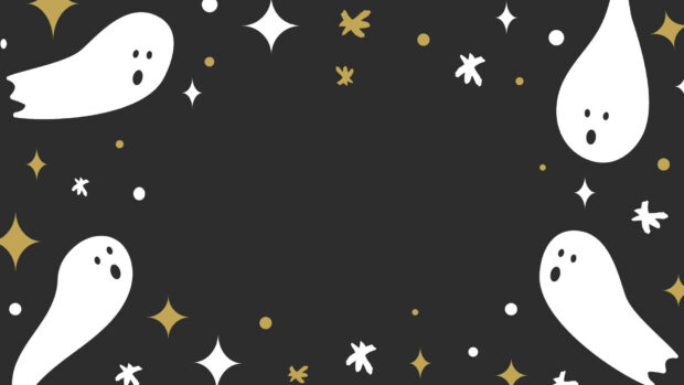 A minimalist Halloween iPad wallpaper featuring cute white cartoon ghosts and sparkling gold and white stars on a dark background