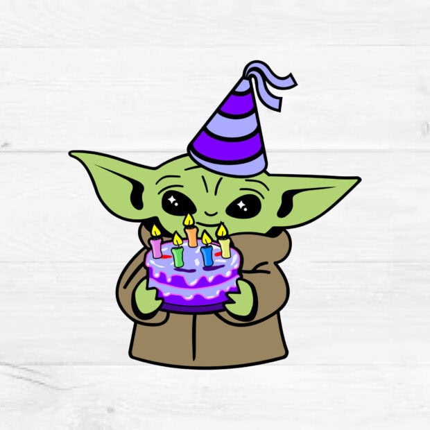 Its My Birthday Wallpaper featuring a cute cartoon Baby Yoda wearing a party hat and holding a birthday cake