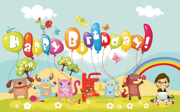 Its My Birthday Wallpaper showing a cute cartoon illustration with animals and 'Happy Birthday' written in balloon letters