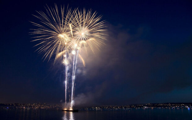 An elegant New Years Eve Wallpaper showcasing golden fireworks bursting over a dark expanse of water with subtle city lights visible in the distance