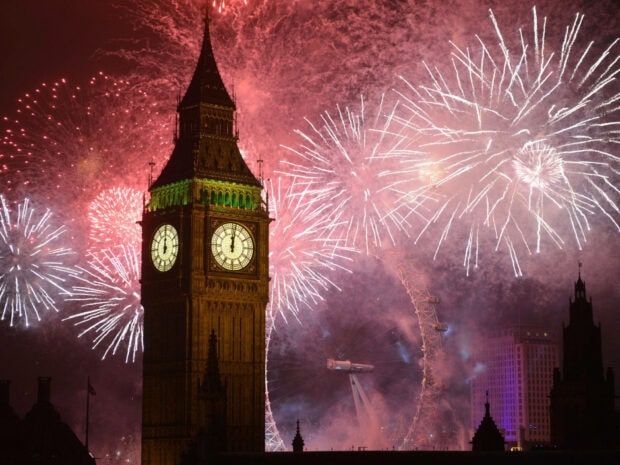 An iconic New Years Eve Wallpaper featuring Big Ben and London Eye amidst a spectacular fireworks display