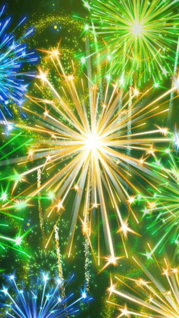 A vibrant New Years Eve wallpaper showing colorful bright fireworks exploding in green, yellow, and blue