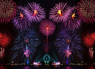 A stunning New Years Eve Wallpaper showcasing a symmetrical fireworks display over a city harbor at night