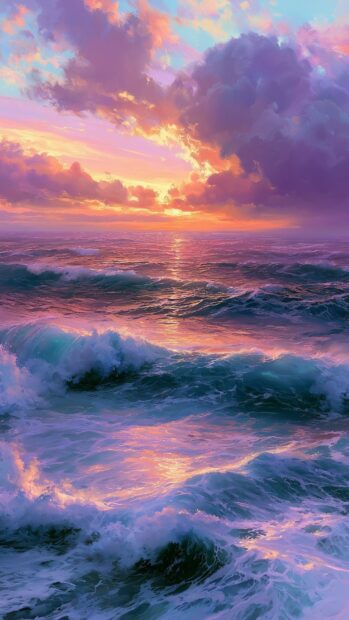 Ocean wallpaper depicting artistic large waves under a vibrant sunset sky with pink and purple reflections