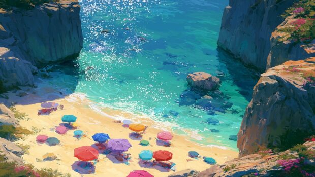 Ocean wallpaper showing an aerial view of a secluded beach cove with colorful umbrellas on the sand and clear turquoise water, surrounded by cliffs