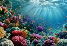 Ocean wallpaper showcasing a vibrant underwater coral reef filled with diverse colorful fish and sunlight beams
