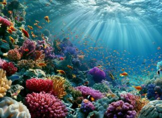 Ocean wallpaper showcasing a vibrant underwater coral reef filled with diverse colorful fish and sunlight beams