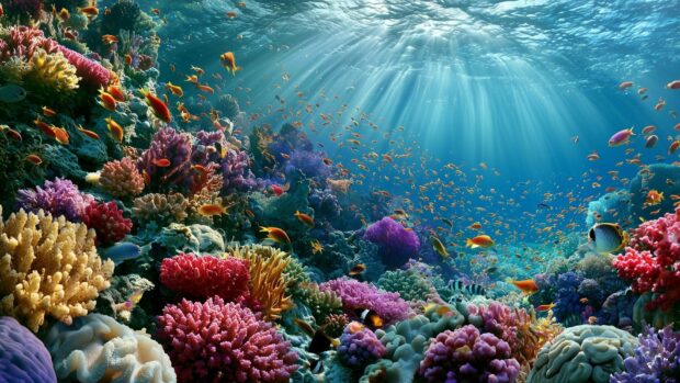 Ocean wallpaper showcasing a vibrant underwater coral reef filled with diverse colorful fish and sunlight beams