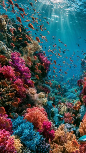 A vibrant Ocean Wallpaper showcasing a colorful coral reef teeming with orange tropical fish under sunlit clear blue water