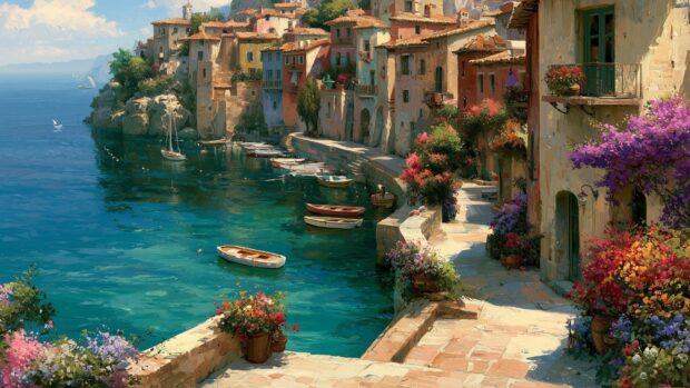 Ocean wallpaper depicting a picturesque coastal village with colorful houses and boats docked in clear turquoise water, in a painted style