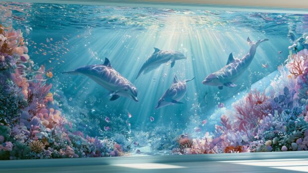A mesmerizing Ocean Wallpaper showcasing four dolphins swimming gracefully among vibrant coral reefs with sun rays illuminating the clear blue water
