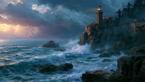 A dramatic Ocean Wallpaper featuring a lighthouse perched on a rocky cliff overlooking a turbulent sea with crashing waves under a stormy sky