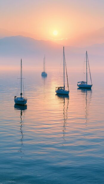 A peaceful ocean wallpaper displaying sailboats on calm, misty waters during a soft sunrise or sunset