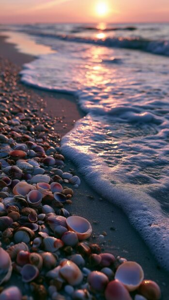 A close-up ocean wallpaper featuring colorful seashells on a sandy beach with foamy waves under a sunset sky