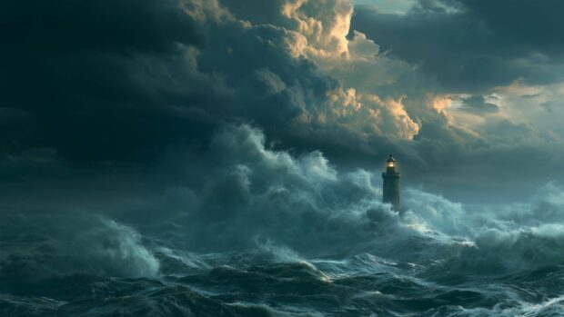 An immersive Ocean Wallpaper featuring a solitary lighthouse in a dramatic stormy sea with dark clouds and towering waves