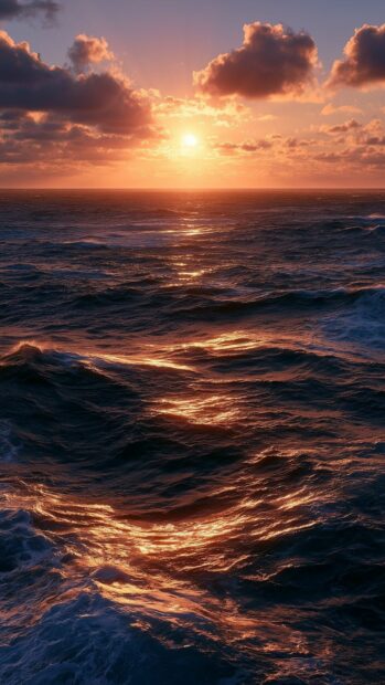 Ocean wallpaper featuring a dramatic stormy sunset over dark, choppy waves with golden reflections