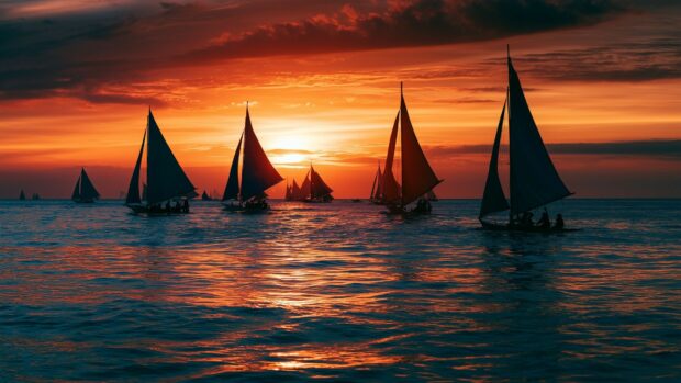 An Ocean Wallpaper displaying silhouettes of numerous sailboats against a fiery orange and red sunset sky, with vibrant reflections on the water