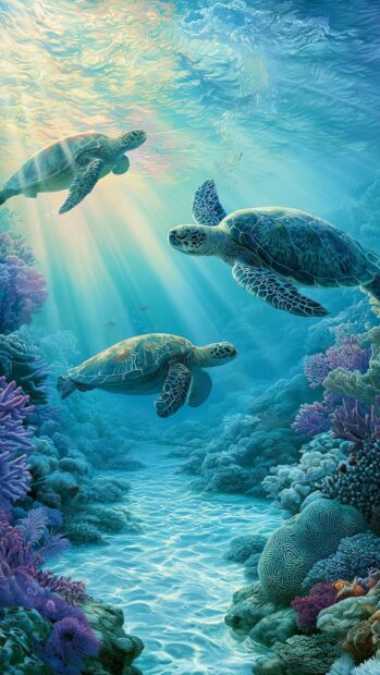An vibrant ocean wallpaper showcasing three sea turtles swimming above colorful coral reefs under sunlit water