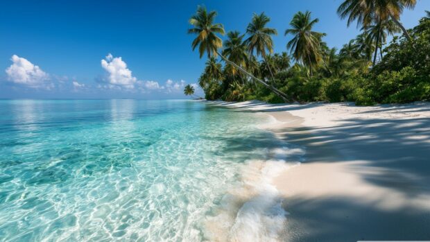 Ocean wallpaper showcasing a pristine tropical beach with white sand, palm trees, and crystal clear turquoise water under a blue sky
