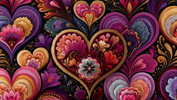 Ornate floral heart wallpaper featuring intricate patterns of hearts and flowers in rich, dark colors