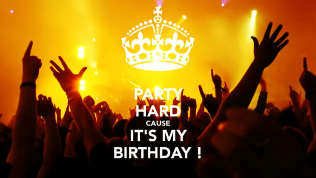 Its My Birthday Wallpaper depicting a vibrant party crowd with hands raised, golden lights, and 'Party Hard Because It's My Birthday!' text