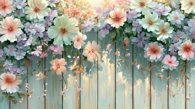 Flower Wallpaper depicting pastel blossoms cascading over a rustic light blue wooden fence