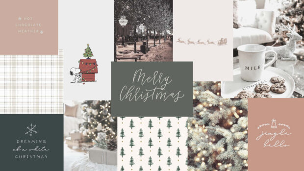 A soft pastel Christmas collage wallpaper with minimalist designs, text quotes, Snoopy, and snowy festive scenes