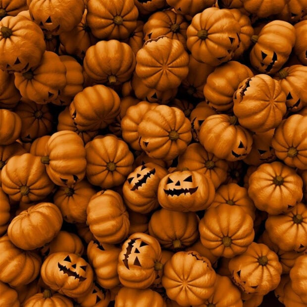 A textured Halloween Ipad Wallpaper showing a pile of small pumpkins, some carved with jack-o'-lantern faces