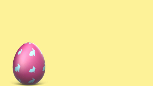 A minimalist Easter egg wallpaper with a pink bunny-patterned egg in the corner against a plain yellow background