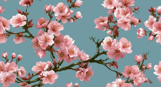 A vibrant flower wallpaper featuring a seamless pattern of pink cherry blossoms on branches against a soft teal background