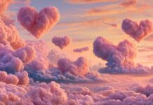 A beautiful heart wallpaper featuring pink fluffy clouds shaped like hearts in a serene sunset sky