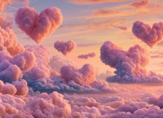 A beautiful heart wallpaper featuring pink fluffy clouds shaped like hearts in a serene sunset sky
