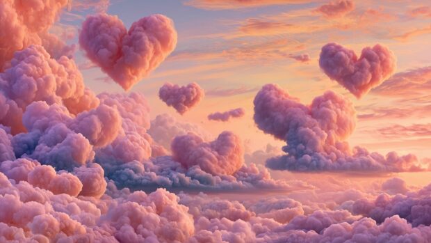 A beautiful heart wallpaper featuring pink fluffy clouds shaped like hearts in a serene sunset sky