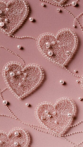 Delicate pink heart wallpaper featuring lace heart shapes adorned with scattered white pearls