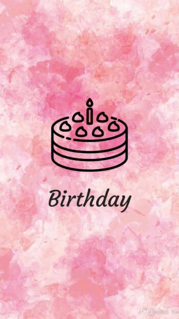A minimalist Birthday Wallpaper featuring a black outline cake icon and Birthday text on a pink watercolor background
