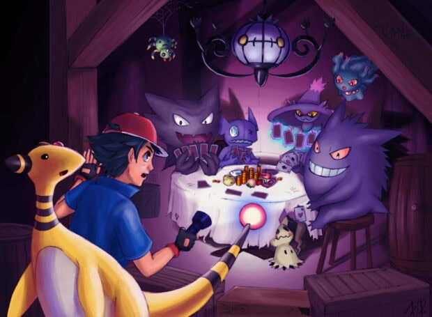This Pokemon Halloween wallpaper shows Ash and Ampharos surprised by ghost Pokemon playing cards in a dark room