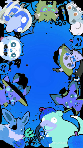 This Pokemon Halloween Wallpaper showcases various stylized Pokemon characters forming a decorative blue border, perfect for mobile
