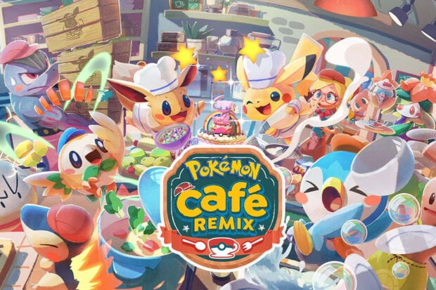 A vibrant Pokemon Halloween Wallpaper featuring Pokemon Cafe Remix with Pikachu and Eevee as chefs, surrounded by other Pokemon and delicious dishes