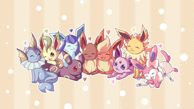 This Pokemon Halloween wallpaper features a cute group of Eeveelutions in a row on a striped background