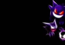 This Pokemon Halloween wallpaper features Gengar, Haunter, and Gastly glowing purple on a minimalist black background