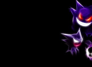This Pokemon Halloween wallpaper features Gengar, Haunter, and Gastly glowing purple on a minimalist black background