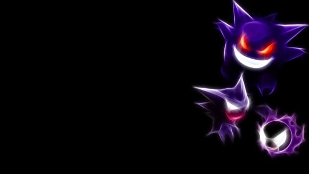 This Pokemon Halloween wallpaper features Gengar, Haunter, and Gastly glowing purple on a minimalist black background